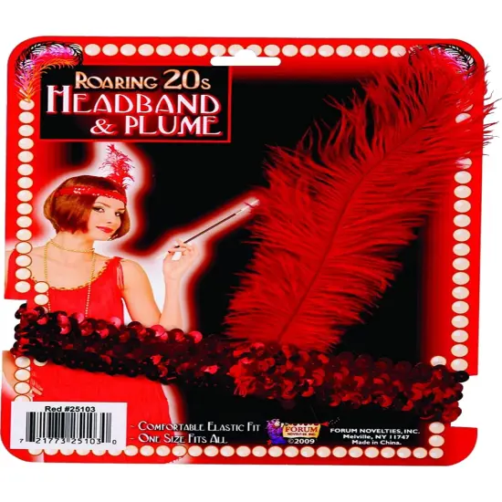 New Red Sequin Flapper Costume Headband with Feather {1}