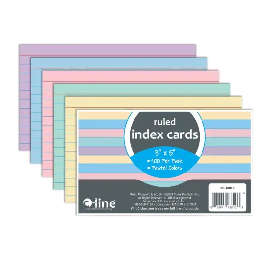 Index Cards, 3" x 5", Assorted Colors, Ruled, 100 Per Pack, 10 Packs {6}