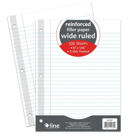 Reinforced 3-Hole Punched, Filler Paper, Wide Rule, 10.5" x 8", 100 Sheets Per Pack, 6 Packs {2}