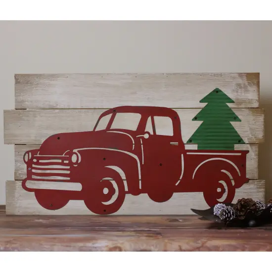 Raz 28" Rustic Wood and Metal Red Truck Carrying Tree Wall Art Green {4}
