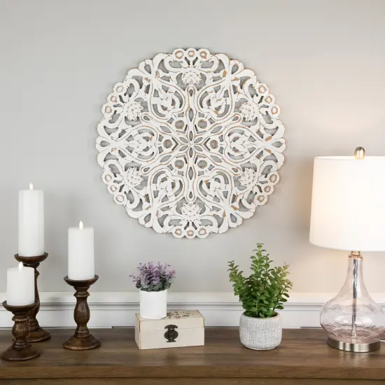 Northlight 24" Brushed Antique White Damask Round Wall Panel {1}