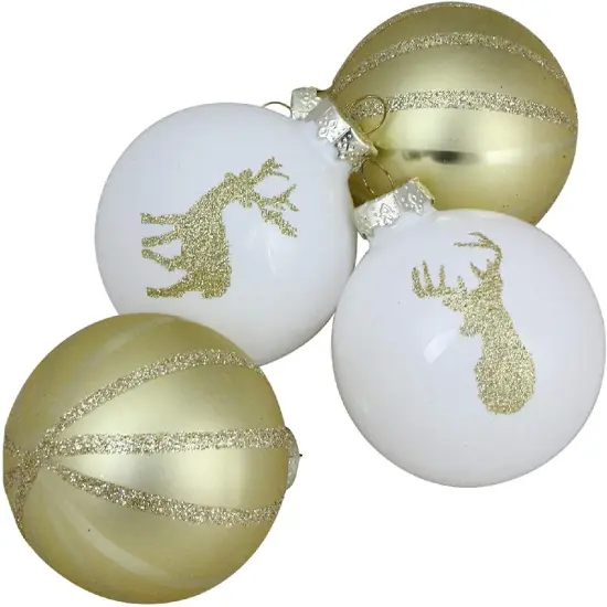 Northlight Deer 2-Finish Christmas Ball Glass Ornaments - 4.5" (110mm) - Champagne Gold and White - 4ct {4}