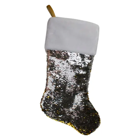 Northlight 22.75" Gold and Silver Reversible Sequined Christmas Stocking {4}