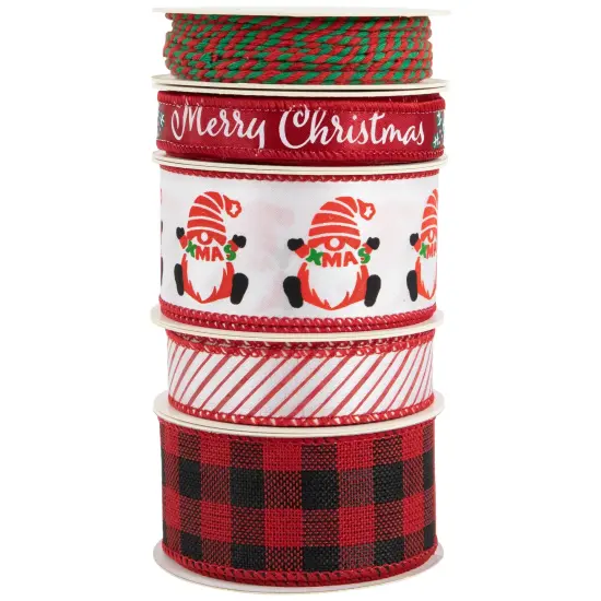 Northlight Set of 5 Santa Gnome Matching Themed Craft Christmas Ribbons 1.5" x 3 Yards White {6}