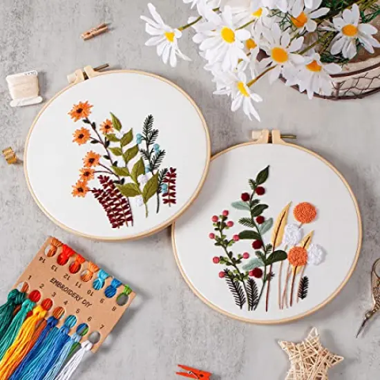 4 Sets Embroidery Kit Starter with Pattern and Instructions, DIY Beginner Starter Cross Stitch Kit Include 1 Embroidery Hoop, Needlework for Adults (Flower-Happy time) {2}