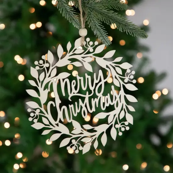 Northlight 8" Natural "Merry Christmas" Wooden Wreath Ornament Ivory {3}