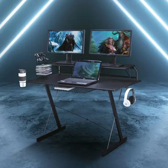 Techni Office Solutions 47.25" Black Unique Techni Sport TS-200 Carbon Computer Gaming Desk with Shelves {7}