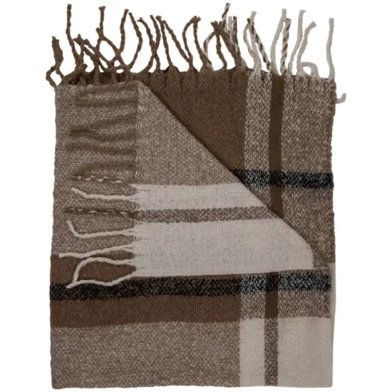 Northlight Taupe Plaid Woven Throw Blanket with Fringe 50" x 60" Brown {6}