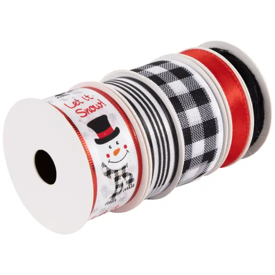 Northlight Set of 5 Snowman Matching Themed Wired Craft Christmas Ribbons 1.5" x 3 Yards Red {4}