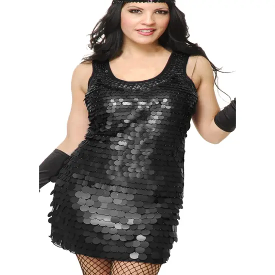 Womens Black Roaring 20s Big-Sequin Flapper Costume Dress {1}
