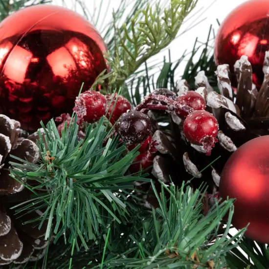 Northlight Mixed Pine and Red Ornaments Artificial Christmas Arrangement in Wood Planter - 24" Green {4}