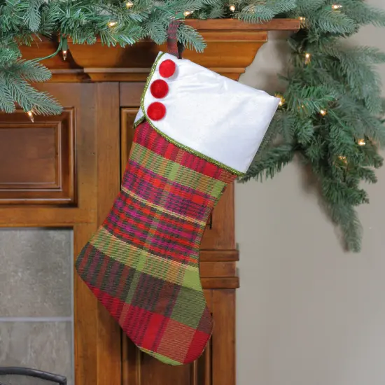 Northlight 19" Multi-Color Plaid Christmas Stocking with Green and Yellow Trim and Red Buttons {4}