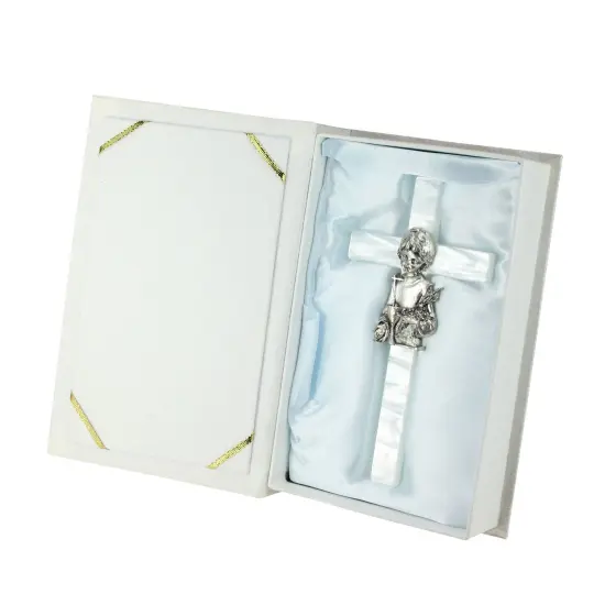 Roman Boy's Mother of Pearl First Communion Wall Cross White {4}