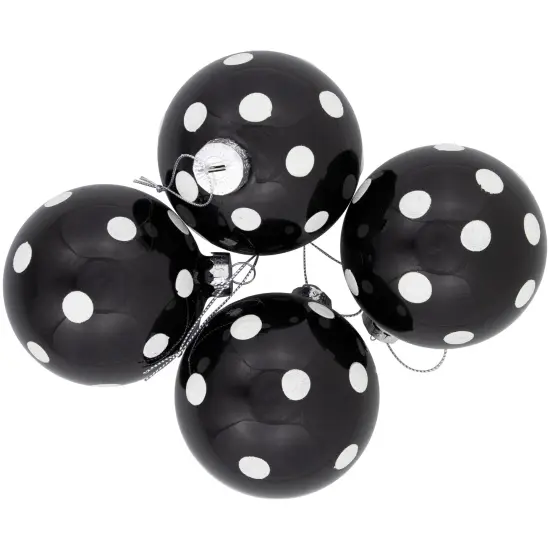 Northlight Shiny Finish Polka Dots Christmas Glass Ball Ornaments - 3" (80mm) - Black and White - Set of 4 {6}