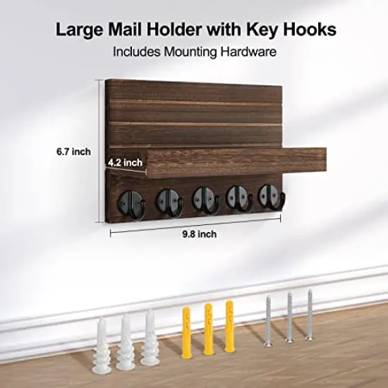 Key Holder for Wall, Decorative Key and Mail Holder with Shelf Has Large Key Hooks for Bags, Coats &ndash; Paulownia Wood Key Hanger with Mounting Hardware (9.8&rdquo;W x 6.7&rdquo;H x 4.2&rdquo;D) (Brown) {1}