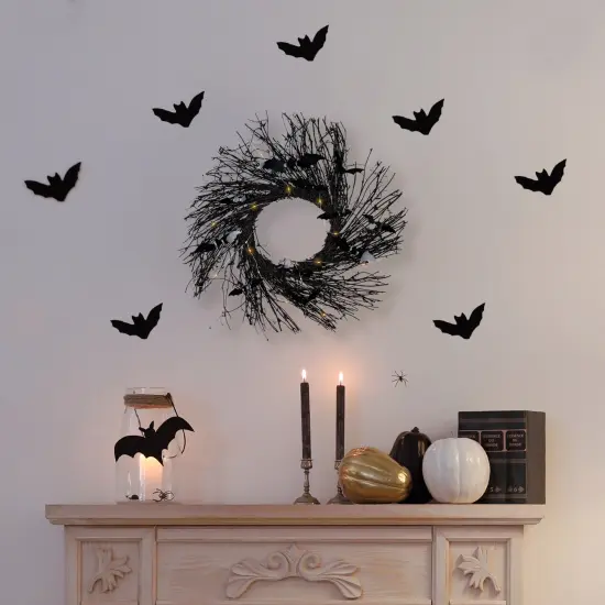 Northlight Lighted Halloween Twig Wreath with Bats - Warm White LED Lights - 22" - Black {1}