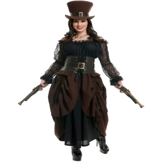 Victorian Steampunk Black Brown Full Length Dress With Top Hat {1}