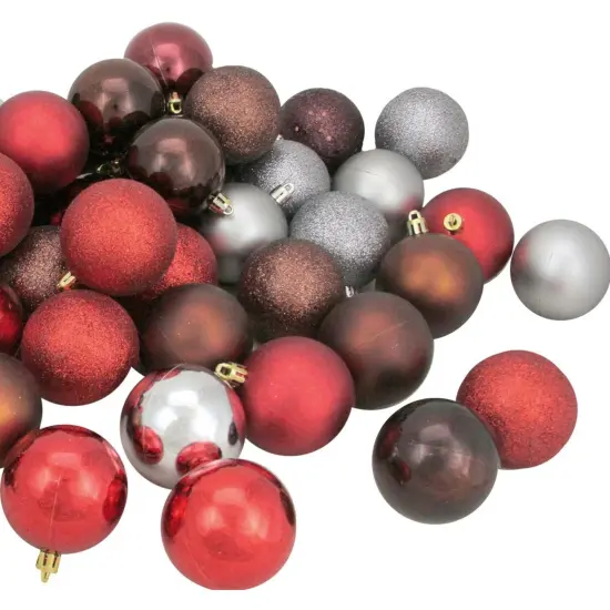 Northlight Shatterproof 4-Finish Christmas Ball Ornaments - 2.5" (60mm) - Brown, Red and Silver - 60ct {4}