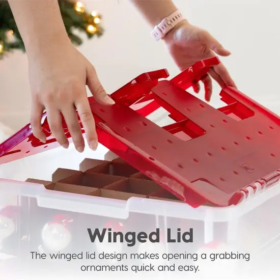 IRIS USA 2 Pack 60qt Plastic Clear Ornament Storage Box with Hinged Lid and Dividers, Clear/Red {5}