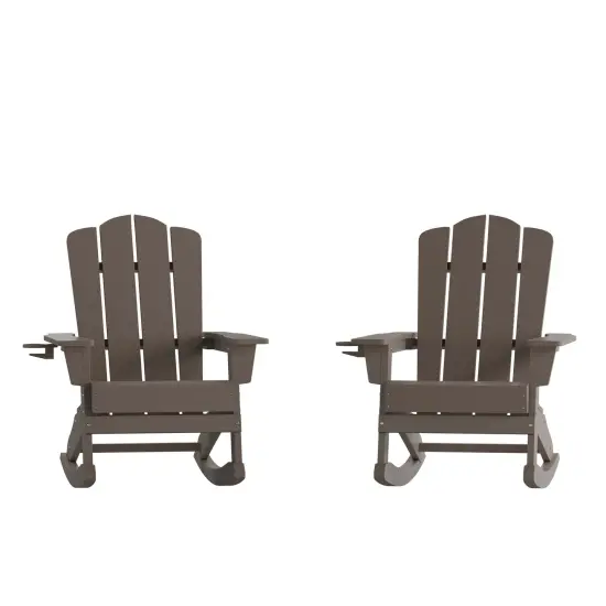 Merrick Lane Nassau Set of 2 Adirondack Rocking Chairs with Cup Holder, All-Weather HDPE Indoor/Outdoor Chairs Brown {2}