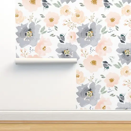 Peel & Stick Wallpaper 2FT Wide Blossoms Navy Bloom Farmhouse Children Custom Removable Wallpaper by Spoonflower {2}