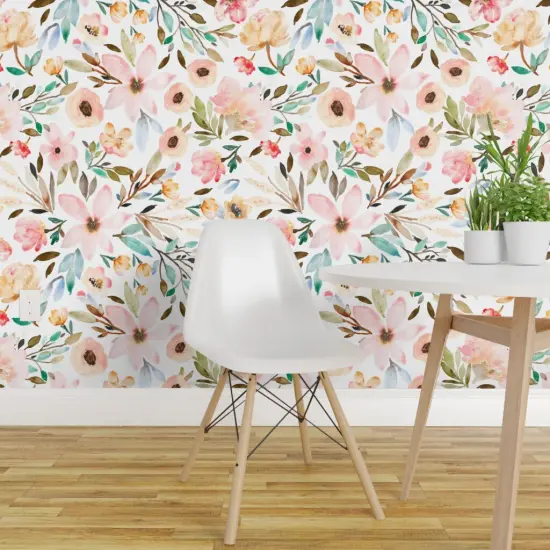 Pre-Pasted Wallpaper 2FT Wide Bloom Floral Watercolor Garden Botanical Nursery Spring Kitchen Custom Pre-pasted Wallpaper by Spoonflower {1}