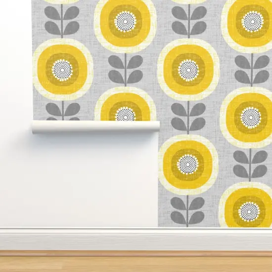 Pre-Pasted Wallpaper 2FT Wide Mid Century Floral Scandi Style Faux Woven Texture Gray Yellow Sunflowers Custom Pre-pasted Wallpaper by Spoonflower {2}