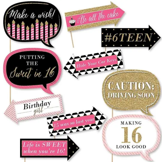Big Dot of Happiness Funny Chic Sweet Sixteen Birthday - Pink, Black and Gold - 16th Birthday Party Photo Booth Props Kit - 10 Piece {1}