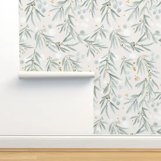 Peel & Stick Wallpaper 2FT Wide Leaves Gray Watercolor Botanical Blue Green Watercolour Eucalyptus Custom Removable Wallpaper by Spoonflower {2}
