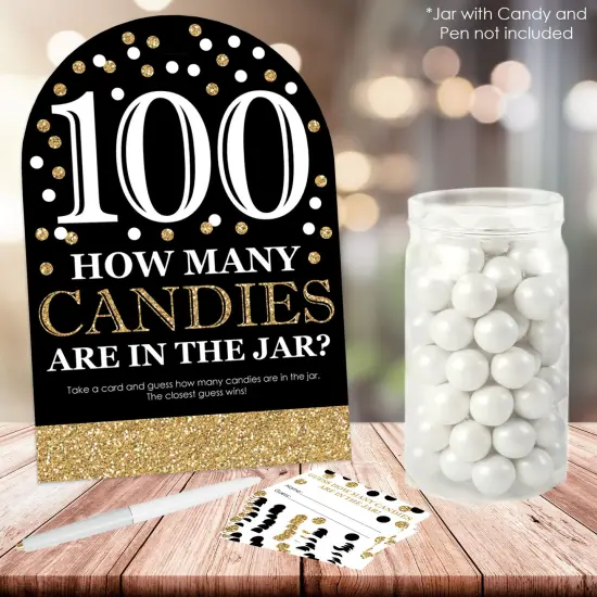 Big Dot of Happiness Adult 100th Birthday - Gold - How Many Candies Birthday Party Game - 1 Stand and 40 Cards - Candy Guessing Game {3}