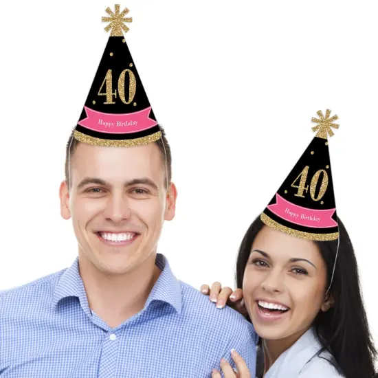 Big Dot of Happiness Chic 40th Birthday - Pink, Black and Gold - Cone Birthday Party Hats for Adults - Set of 8 (Standard Size) {3}