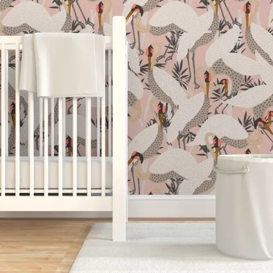 Pre-Pasted Wallpaper 2FT Wide Bird Pink White Baby Nursery Fly Flight Heron Swamp Custom Pre-pasted Wallpaper by Spoonflower {7}