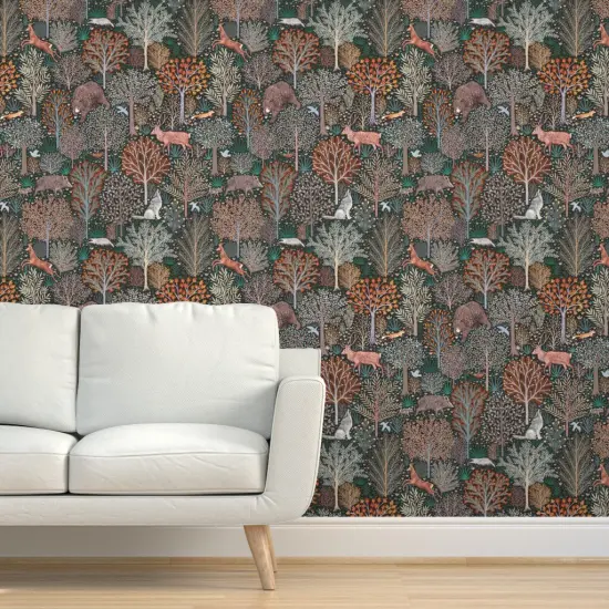 Pre-Pasted Wallpaper 2FT Wide Rustic Woodland Whimsical Forest Animals Deer Wolf Birds Trees Woods Nature Fall Autumn Leaves Custom Pre-pasted Wallpaper by Spoonflower {5}