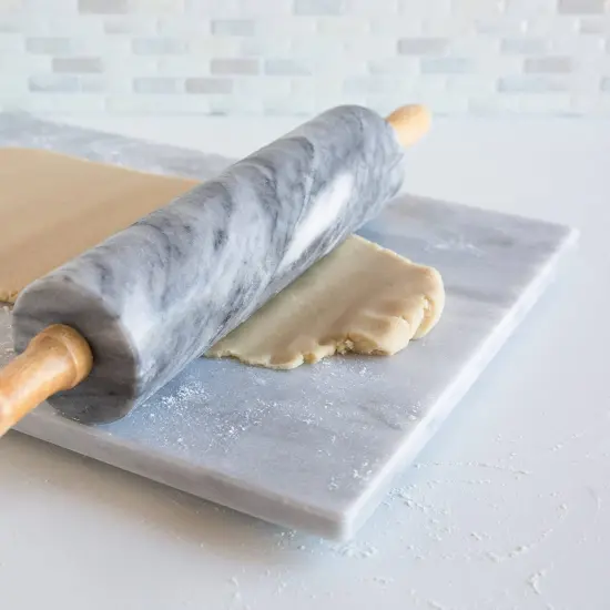 Marble Rolling Pin with Wood Stand Non Porous Non Stick Gray and White {3}