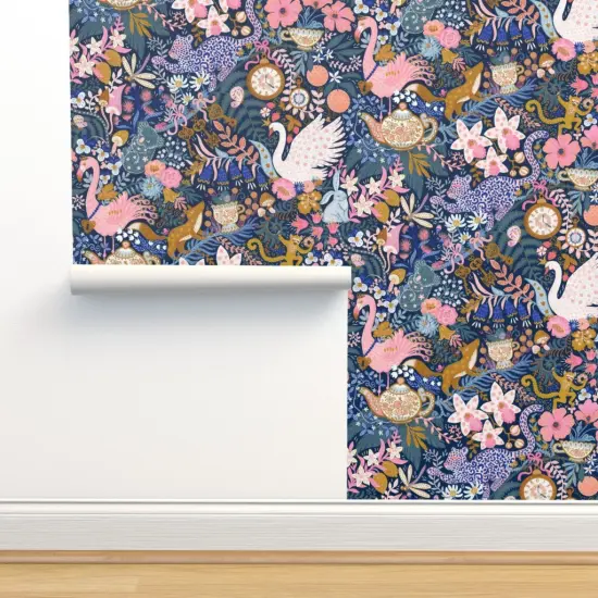 Pre-Pasted Wallpaper 2FT Wide Maximalist Tea Party Whimsical Chintz Pink Purple Mustard Swans And Flamingos Custom Pre-pasted Wallpaper by Spoonflower {2}