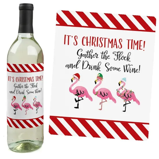 Big Dot of Happiness Flamingle Bells - Tropical Flamingo Christmas Decorations for Women and Men - Wine Bottle Label Stickers - Set of 4 {7}