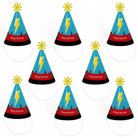 Big Dot of Happiness Bam Superhero - Cone Happy Birthday Party Hats for Kids and Adults - Set of 8 (Standard Size) {7}