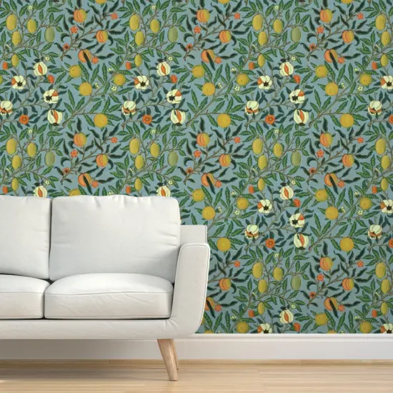 Pre-Pasted Wallpaper 2FT Wide Victorian Fruit Antique Trees Oranges Pomegranate Morris Inspired Custom Pre-pasted Wallpaper by Spoonflower {5}