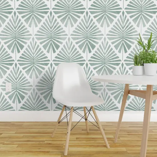 Peel & Stick Wallpaper 2FT Wide Boho Geo Tropical Beach House Summer Eucalyptus Sage Green Coastal Geometric Diamond Palms Custom Removable Wallpaper by Spoonflower {1}