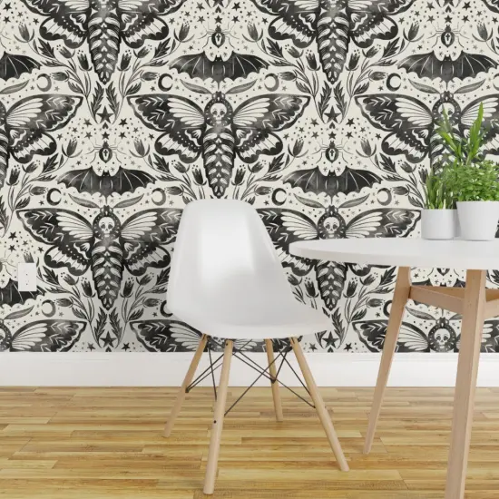 Pre-Pasted Wallpaper 2FT Wide Black And White Moth Bat Flower Stars Ink Watercolor Moon Ghosts October Gothic Halloween Custom Pre-pasted Wallpaper by Spoonflower {1}