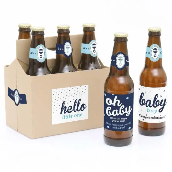 Big Dot of Happiness Hello Little One - Blue and Silver - Boy Baby Shower Decorations for Women and Men - 6 Beer Bottle Label Stickers and 1 Carrier {1}