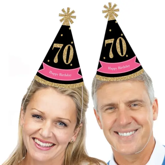 Big Dot of Happiness Chic 70th Birthday - Pink, Black and Gold - Cone Happy Birthday Party Hats for Adults - Set of 8 (Standard Size) {3}