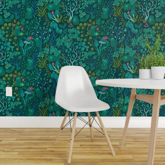 Pre-Pasted Wallpaper 2FT Wide Emerald Forest Fairy Woodland Creatures Green Nature Trees Crystals Magical Mystical Custom Pre-pasted Wallpaper by Spoonflower {1}