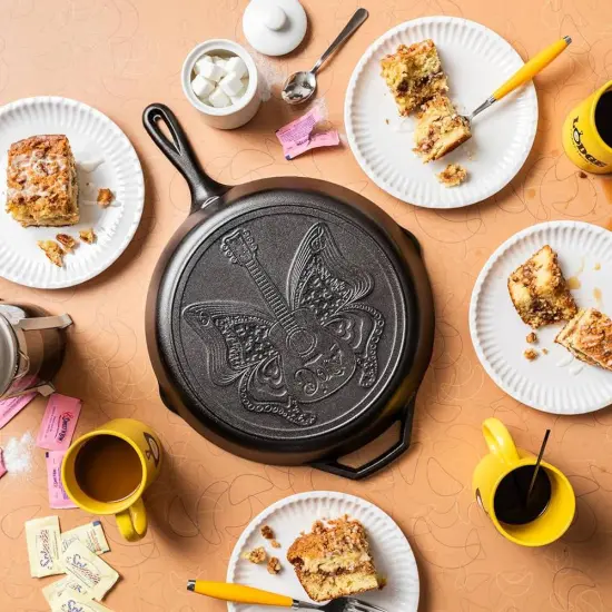Lodge Cast Iron Skillet, Dolly Parton Music Butterfly and Guitar Design Seasoned Cookware for Home or Camp Kitchen, 12 in dia {5}
