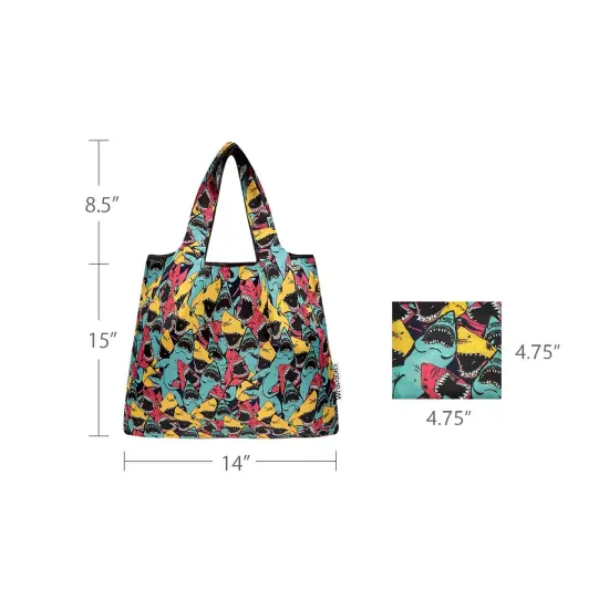 Wrapables Medium Foldable Tote Nylon Reusable Grocery Bag (Set of 2), Sharks {2}