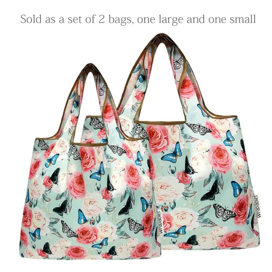 Wrapables Large & Small Foldable Tote Nylon Reusable Grocery Bags, Set of 2, Rose and Butterfly {3}