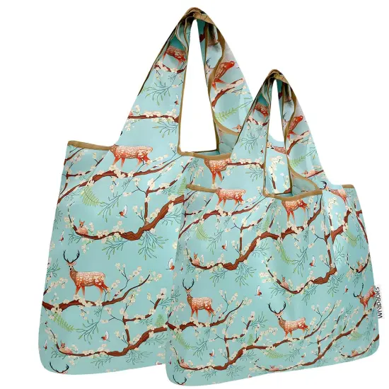 Wrapables Large & Small Foldable Tote Nylon Reusable Grocery Bags, Set of 2, Floral Deer {1}