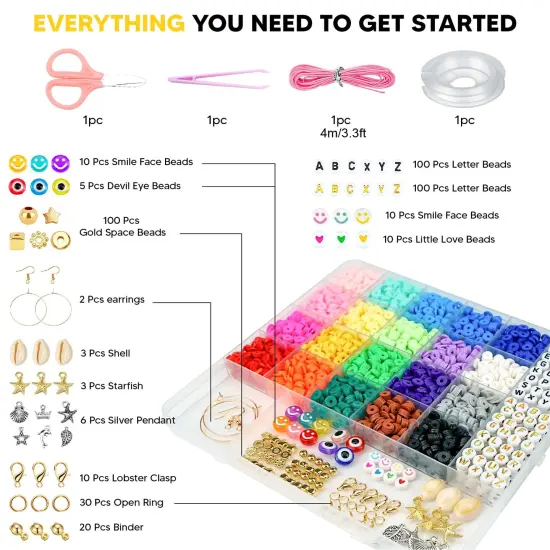 Clay Beads Bracelet Making Kit for Beginner, 5000Pcs Heishi Flat Preppy Polymer Clay Beads with Charms Kit for Jewelry Making, DIY Arts and Crafts Gifts Toys for Kids Age 6-12 {1}
