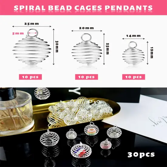 30 Pieces Spiral Bead Cages Pendants, 3 Sizes Silver Plated Stone Holder Necklace Cage Pendants Findings for Jewelry Making and Crafting {2}