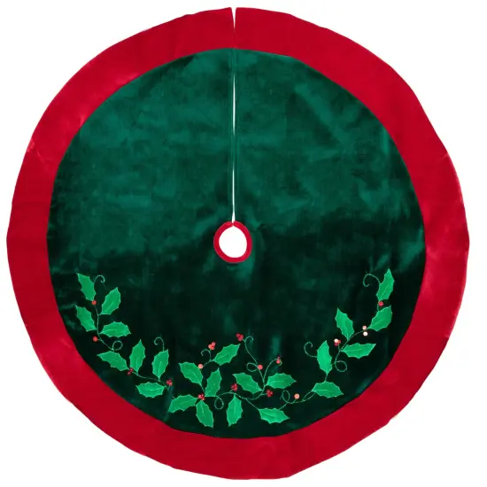 Northlight 48" Dark Green Holly and Berry Velveteen Christmas Tree Skirt {1}